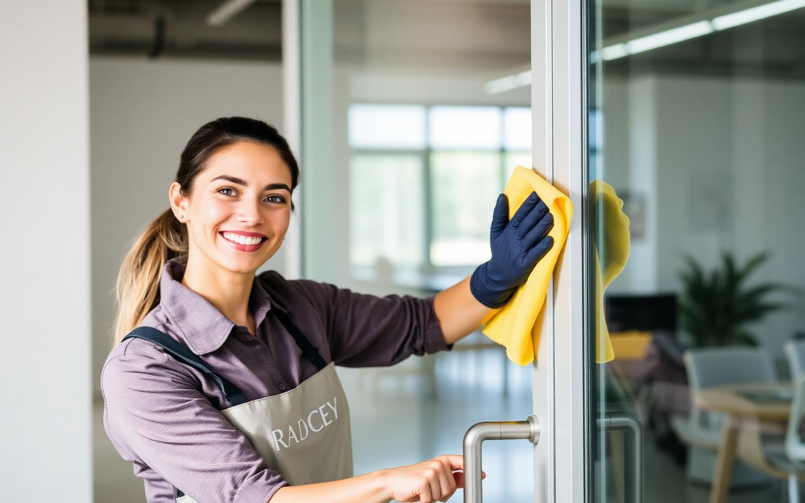 Cleanity Clean team member wiping glass door